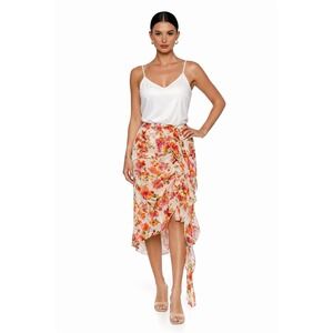 MISA LOS ANGELES Floral Wrap Ruffle Midi Skirt Orange Pink Womens Size L